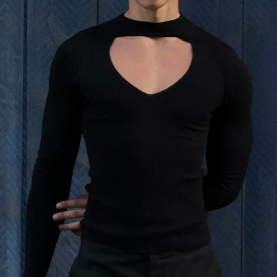 Yousheng Men Top Hollow Out Elastic Long Sleeves Slim Fit Solid Color O Neck T-shirt for Club Parties Gay Men Performance Cosplay Clothes