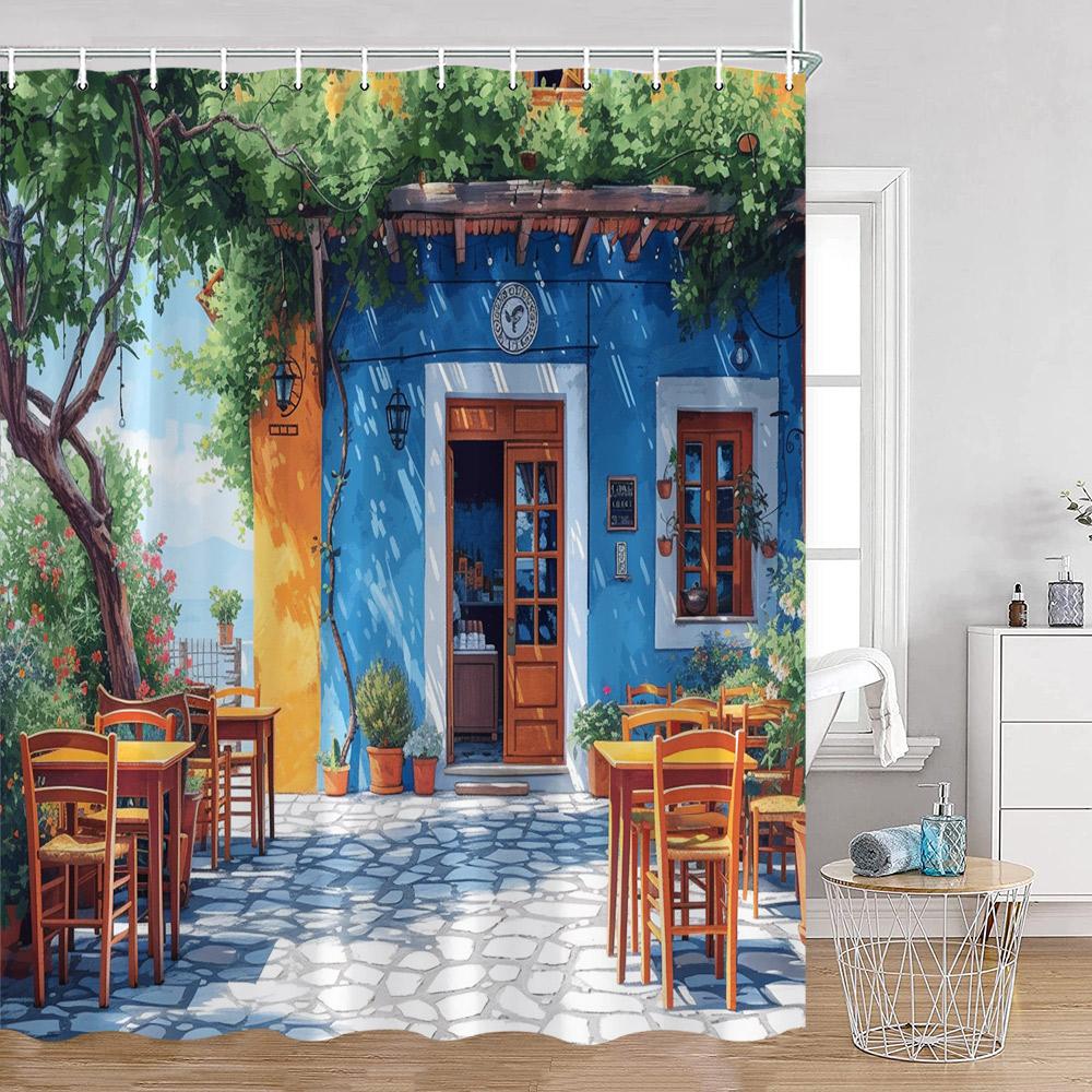 Hand-painted Street View Shower Curtains European Garden Cafe Green Plants Flowers Greenery Bathroom Decor Modern Bath Curtain