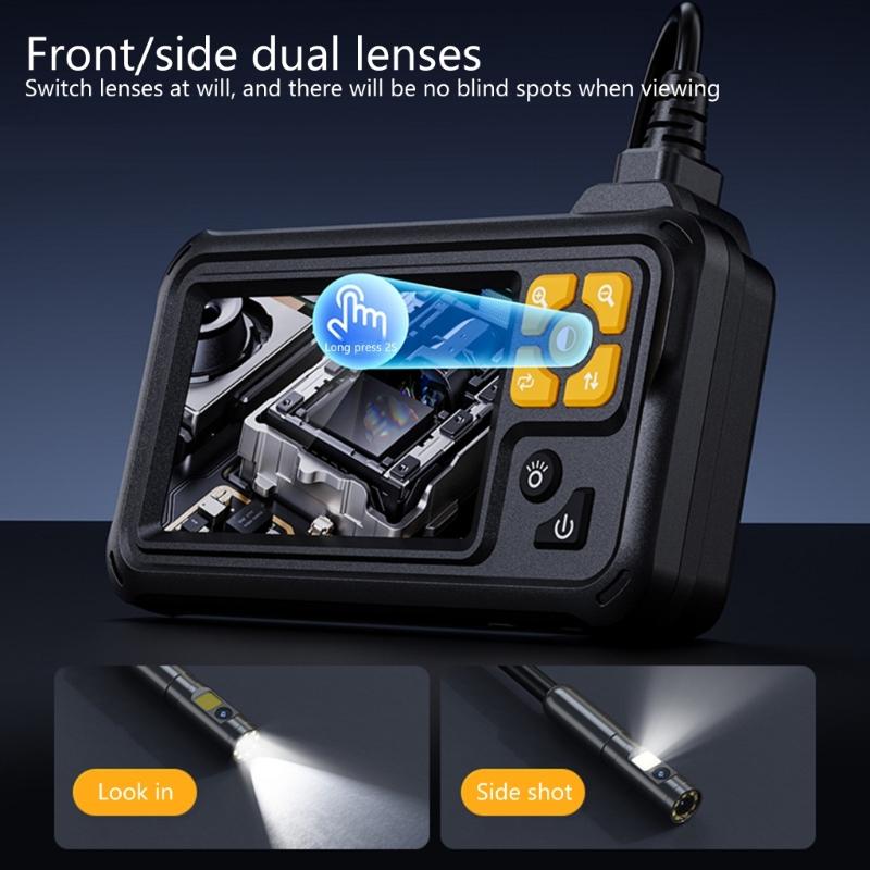 Waterproof Industrial Endoscope Type-C Rechargeable Double Lens Borescope Inspection Camera with 4.3in IPS Screen 8 LEDs