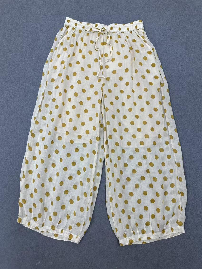 

Johnature Polka Dot Bloomers Summer Elasticated Waist Tie Comfortable Breathable Loose Casual Pants Women One Size жовтий