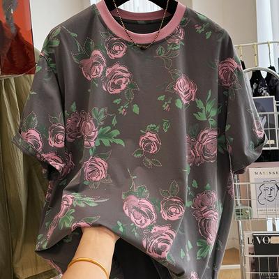 Dames Zomer Retro Print Ronde Hals Korte Mouw T-shirt Losse en Casual Top