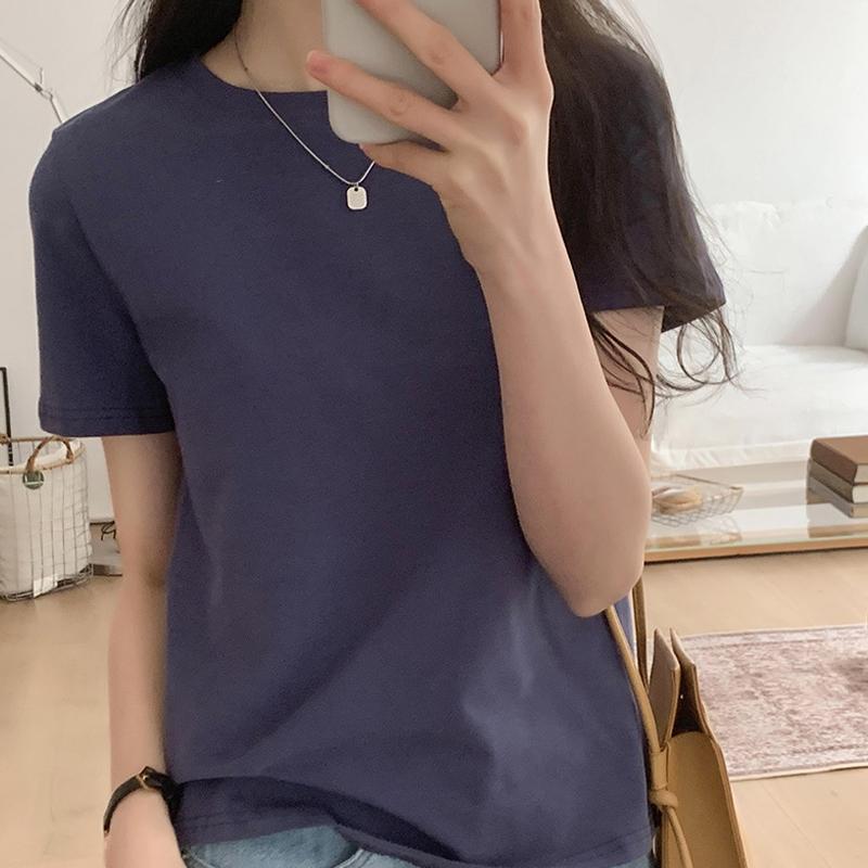 

Футболка с короткими рукавами из чистого хлопка для женщин, лето 2024 г., новый стиль, универсальная футболка с круглым вырезом, маленькая рубашка, начесанный топ XL синий