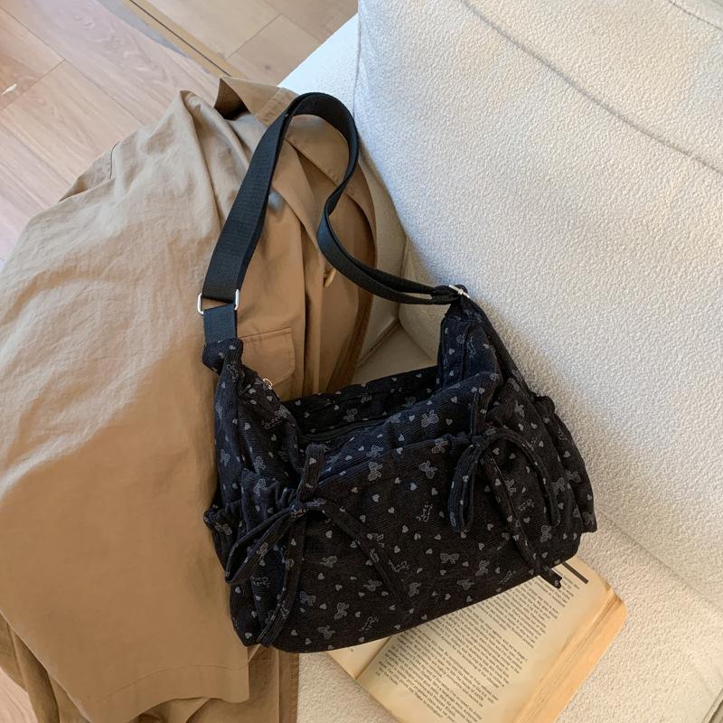 Korean Style Plaid Drawstring Cloud Shoulder Bags for Women Large Capacity Ladies Crossbody Bag Bow Multi-pocket Handbags Tote