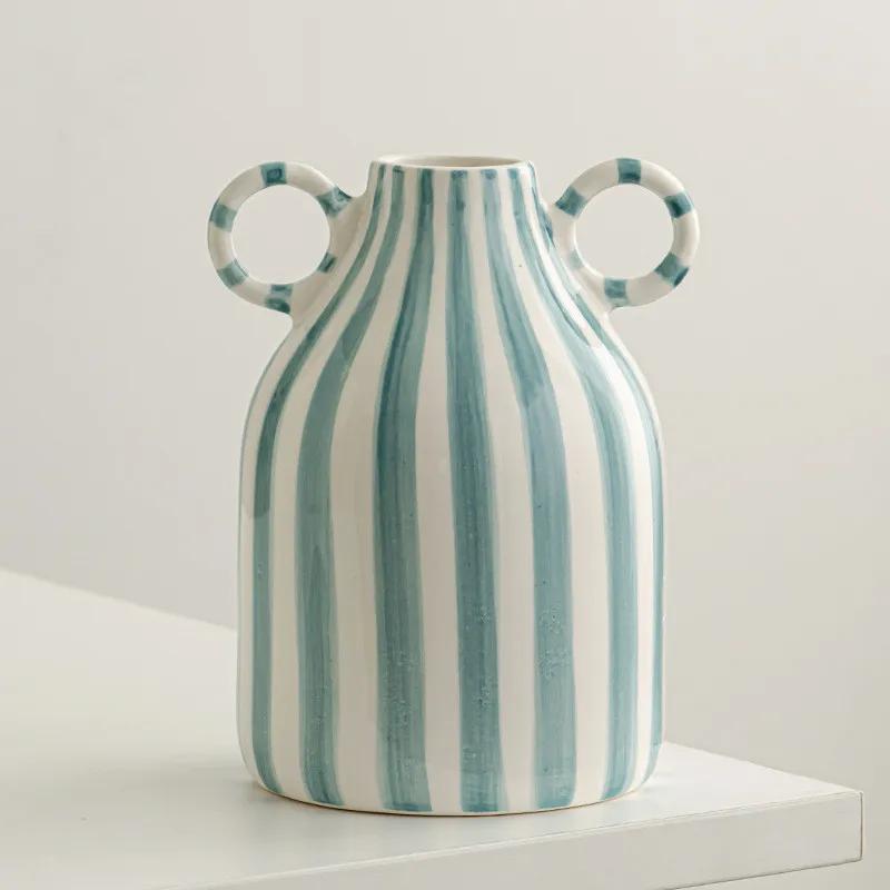 Vase à Fleurs Créatif en Céramique Peint à la Main avec Deux Oreilles, Vase à Rayures Créatives, Décoration pour Arrangements Floraux, Ornements de Table, Cadeaux pour la Maison