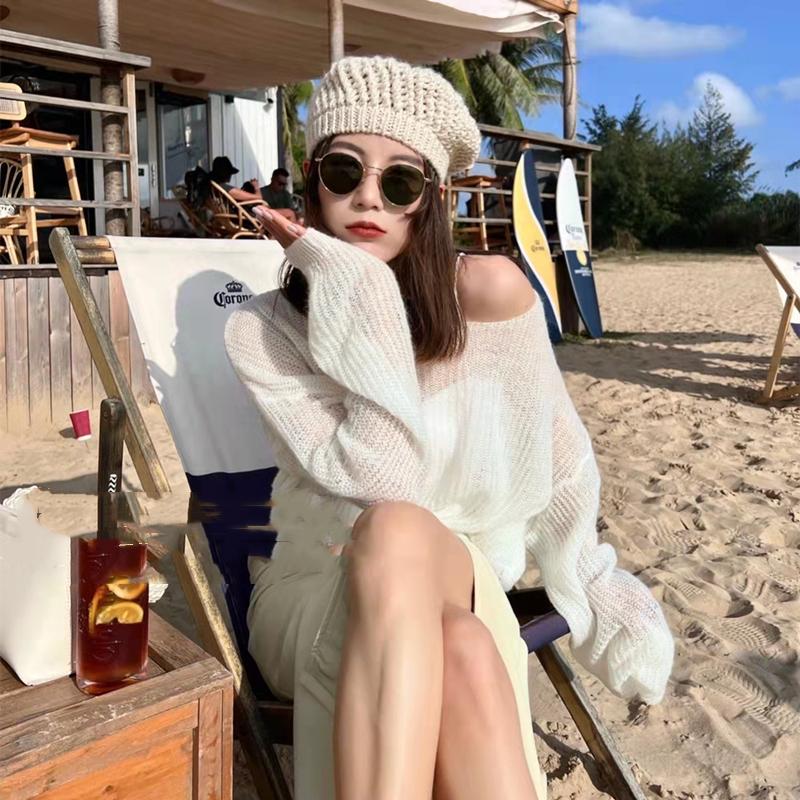 Women's Knitted Sweaters Thin See Through Casual Oversized Long Sleeve Sweater Lady Sexy Hollow Out Mesh Pullover Beach T-shirts