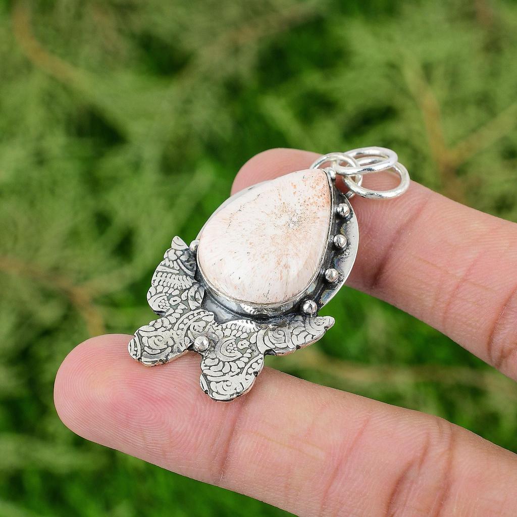 Daughters Day Sale Pear Scolecite Stone Sterling Silver Wife New Pendant Jewelry
