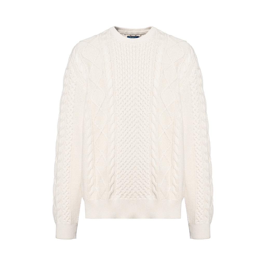 Polo Ralph Lauren SS23 Solid Color Chunky Knit Crew Neck Ribbed Hem Sweater Men Sweater White 710826253-003