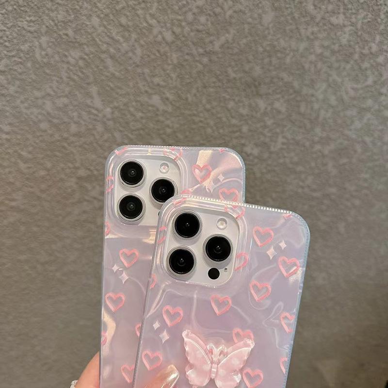 For iPhone 15 Pro 16 Plus 14 Pro Max 13 12 11 X XS XR 7 8 SE Romantic Pink Heart Butterfly Lustre Lining Hard High Phone Case