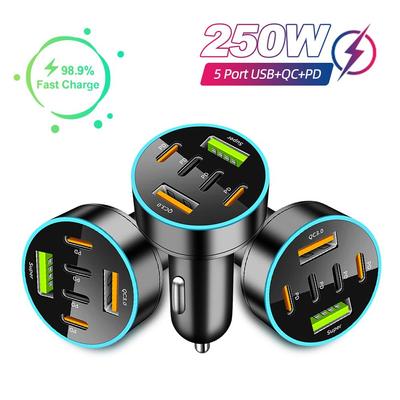 Caricabatterie da auto 250W 6/8 porte Caricabatterie rapido PD QC3.0 USB Tipo C Adattatore per caricabatterie per telefono per iPhone Samsung Huawei Xiaomi