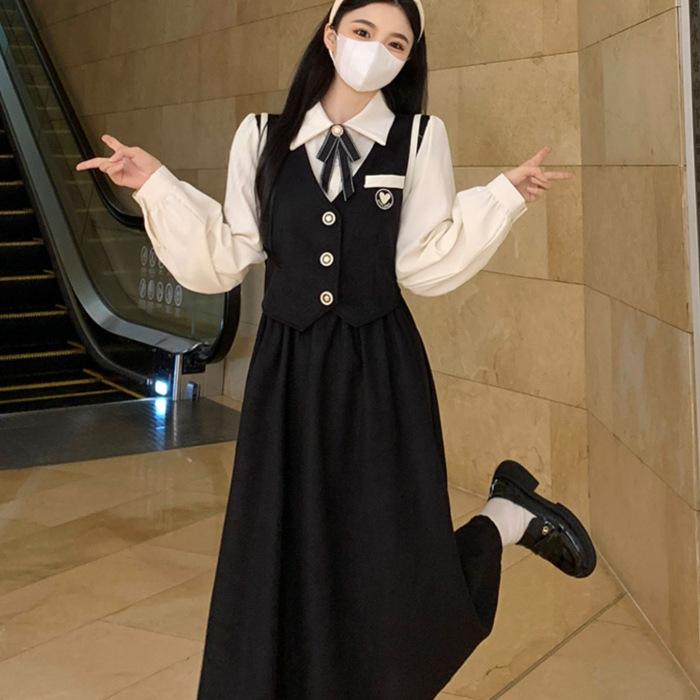 

French college style fake two-piece black dress for women s autumn and winter new fat mm temperament thin and thin long dress XL чорний