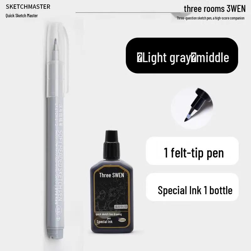 Refillable Quick Sketch Pen Set: Fine, Small, Regular, Large Gray Brush Pens for Art Line Drawing