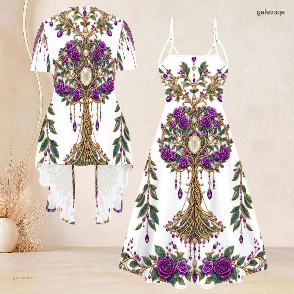 Women Plus Size Two Piece Dress Set Short Sleeve Open Cardigan Strappy V Neck Flared Printed Dress