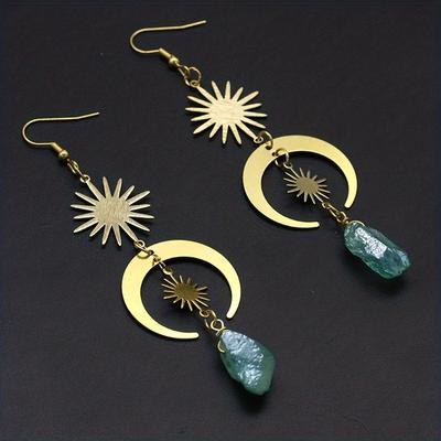 Golden Sun Moon Artificial Crystal Design Dangle Earrings Goth Cute Style Alloy Jewelry Delicate Female Gift