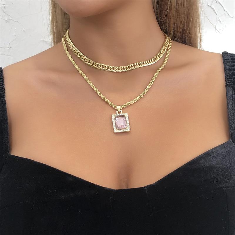 Retro Doppelschichtige Kristallanhänger Halsketten Einzigartiges Design Minimalistischer Einfacher Stil Verdrehte Goldton Kette Choker Vintage Anhänger