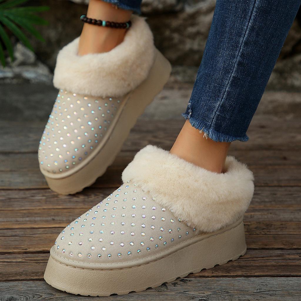 Women's Faux Diamonds Decorative Soft Sole Winter Warm Fur One Snow Boots Padded Lined Ankle Boots Non Slip Hiking Casual Sneakers