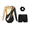 Girls Dance Long Sleeve Round Neck Leotard Patchwork Cutout Back with Shorts Hair Tie Headwear Set