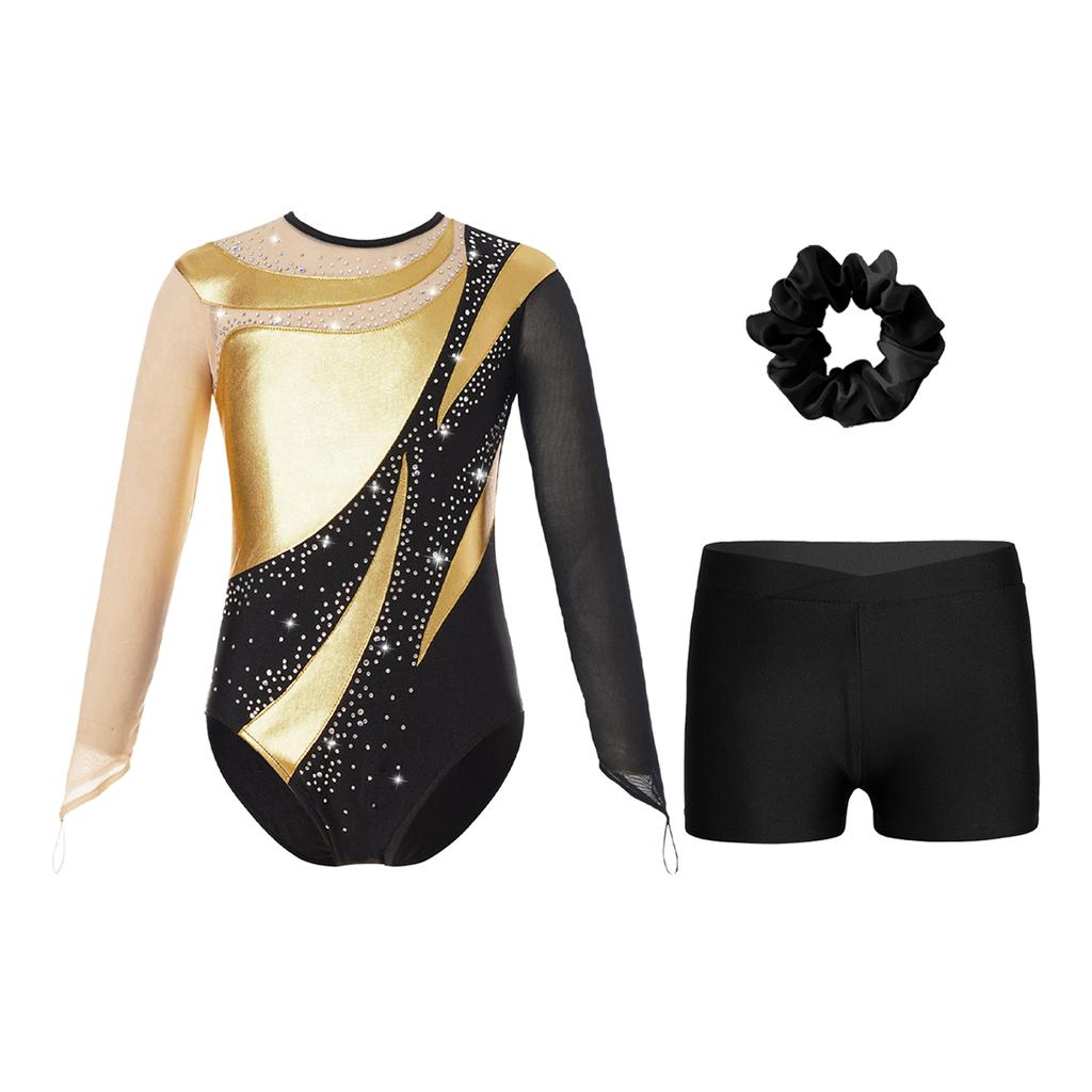 Girls Dance Long Sleeve Round Neck Leotard Patchwork Cutout Back with Shorts Hair Tie Headwear Set