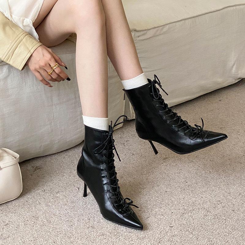 

Fashion Pointed Toe Women Ankle Boots With Thin Heels Shoes Fashion Lace Up Modern Ladies Short Boots Female Pumps Shoes lady 35