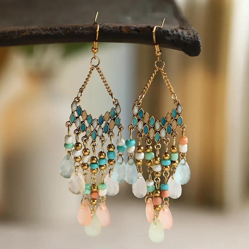 Bohemian Water Drop Tassel Earrings For Women Colorful Beads Dangle Ethnic Style Earring Female  Jewelry