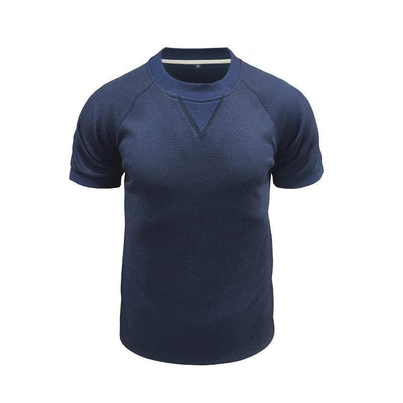 Men Solid Waffle Crew Neck Short Sleeve Loose Casual T Shirt