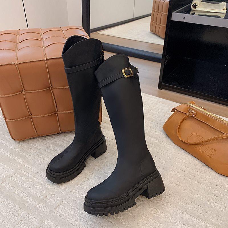 Dicksohlige V-hohe Stiefel mit neuem Retro-Gürtel, Samtstiefel für Herbst und Winter, Stiefel Stiefel Damen, dünne Schnalle, Ritterstiefel 2025