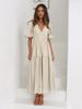 Women V Neck Puff Sleeve Tiered Maxi Dress with Waist Gathering Solid Color