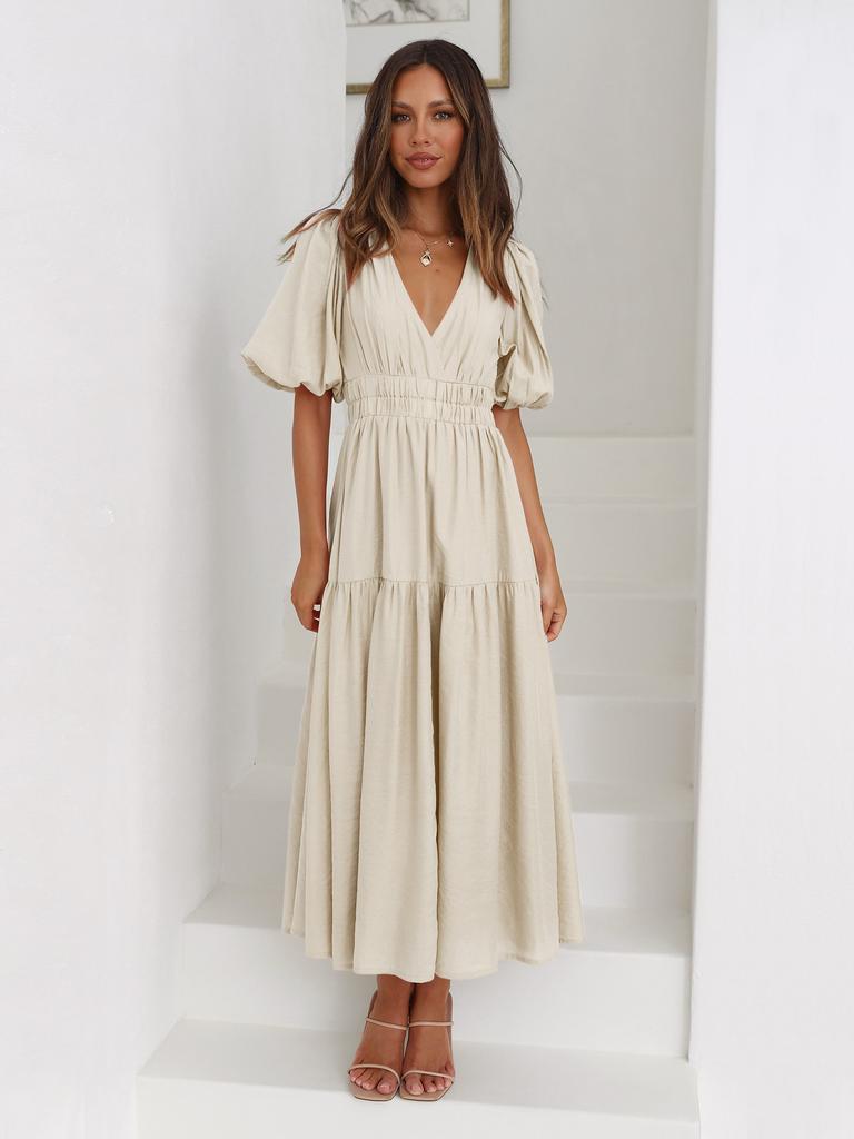 Women V Neck Puff Sleeve Tiered Maxi Dress with Waist Gathering Solid Color