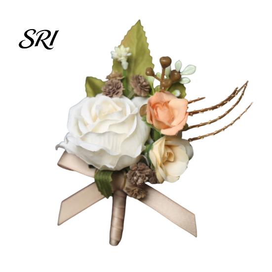 European Forest Style Corsage Rose Bud Wedding Flower Set, Wrist for Bride Bridesmaid Light & Boutonniere Groom Groomsman, Artificial Silk Floral