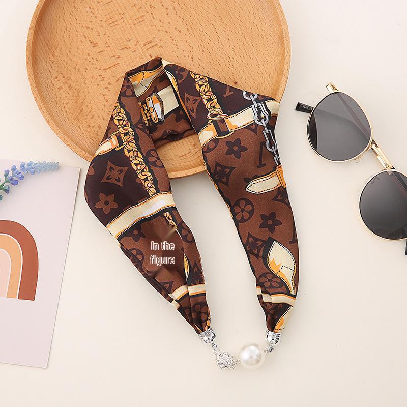 Korean Style Silk Scarf Necklace: Pearl Pendant, Magnetic Clasp, Women's Thin Choker