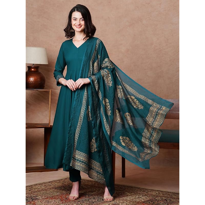 GoSriKi Women's Rayon Blend Solid Anarkali Kurta with Pant & Dupatta (Magic-KEROSIN-NB-GS_M_Dark Blue_Medium)