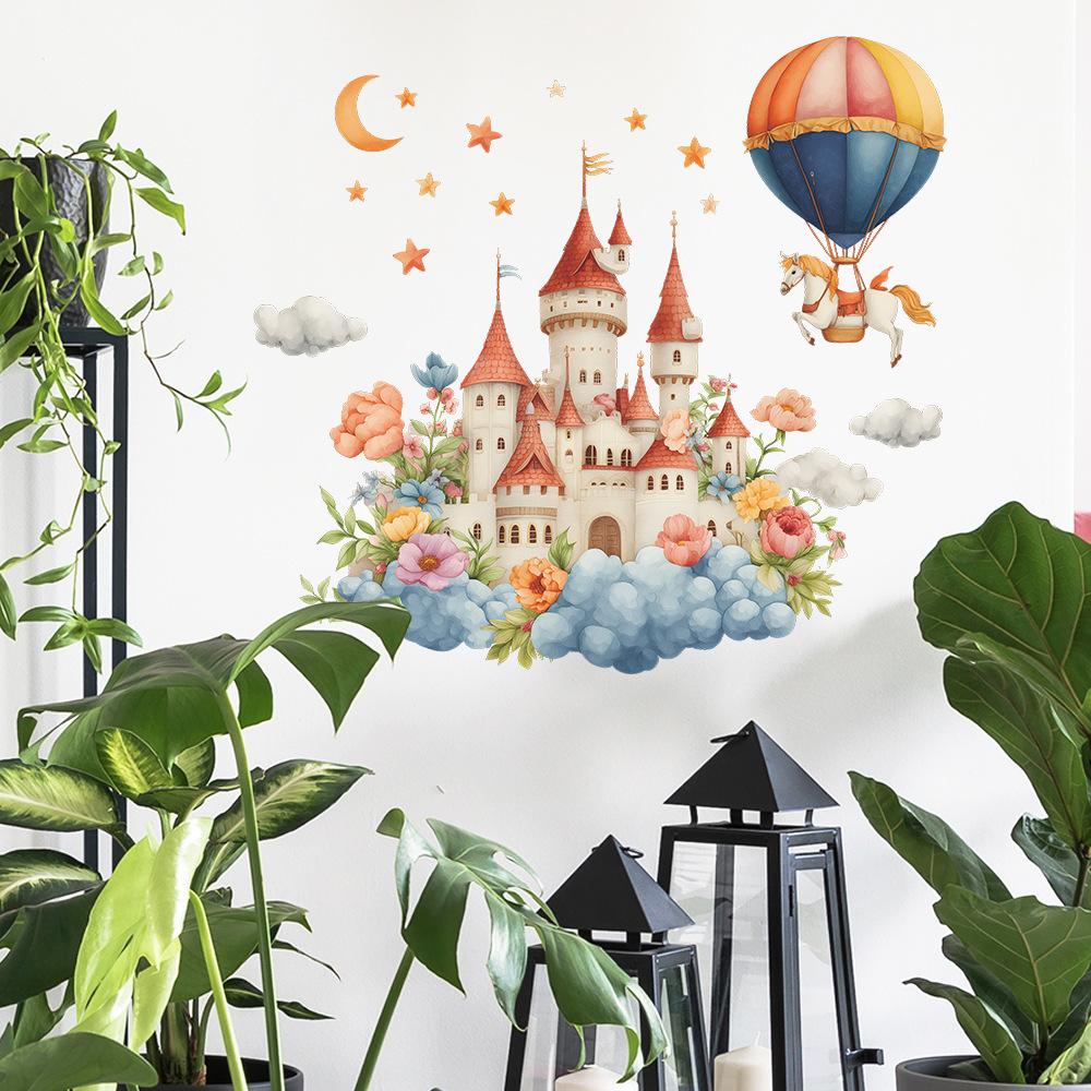 Self-adhesive Cartoon Castle Flowers Hot Air Balloon Wall Stickers for Kids Room Bedroom Home Decor
