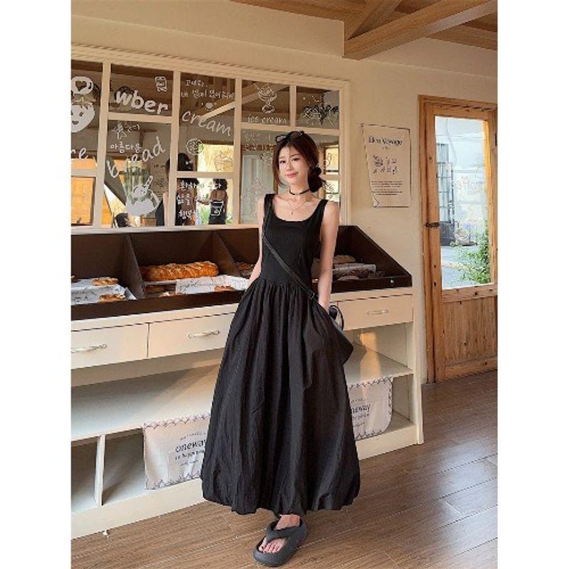 

Kumikumi Gentle Pure Color Waist Trimming Spaghetti Straps Dress Women s Clothing Summer Age-Reducing Drape Bud Skirt A- Line Skirt Temperament Black L