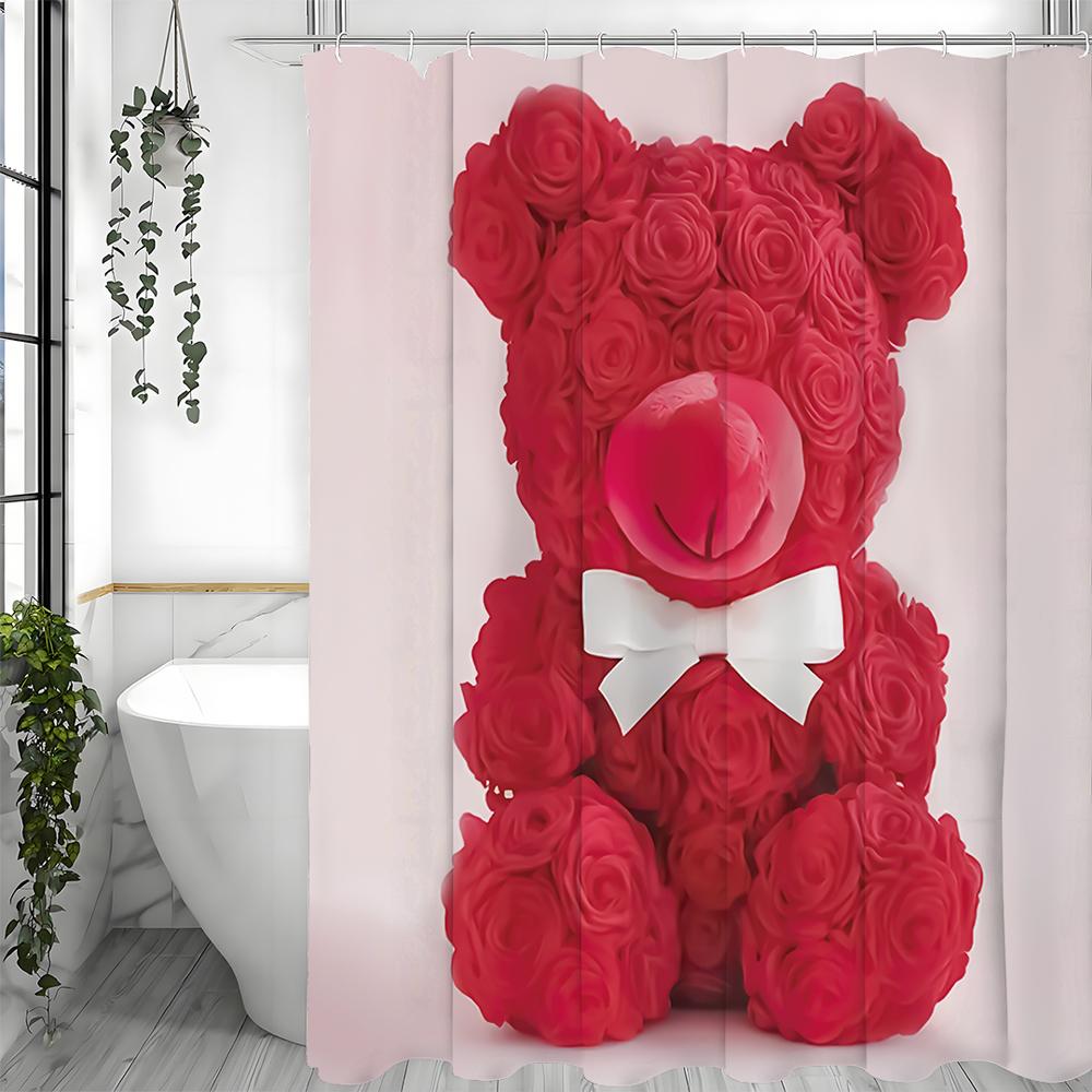 Red Rose Bear Shower Curtain, Bathroom Decorative Shower Curtain, Waterproof Shower Curtain with Hooks