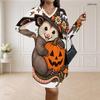 Women Plus Size V Neck Long Sleeve Halloween Sloth Printed Loose Curved Hem Dress