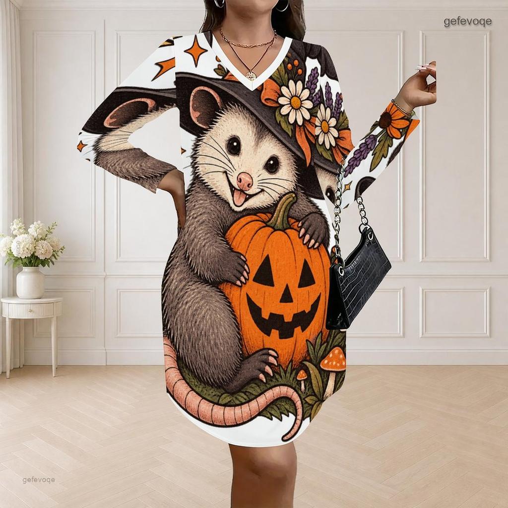 Women Plus Size V Neck Long Sleeve Halloween Sloth Printed Loose Curved Hem Dress