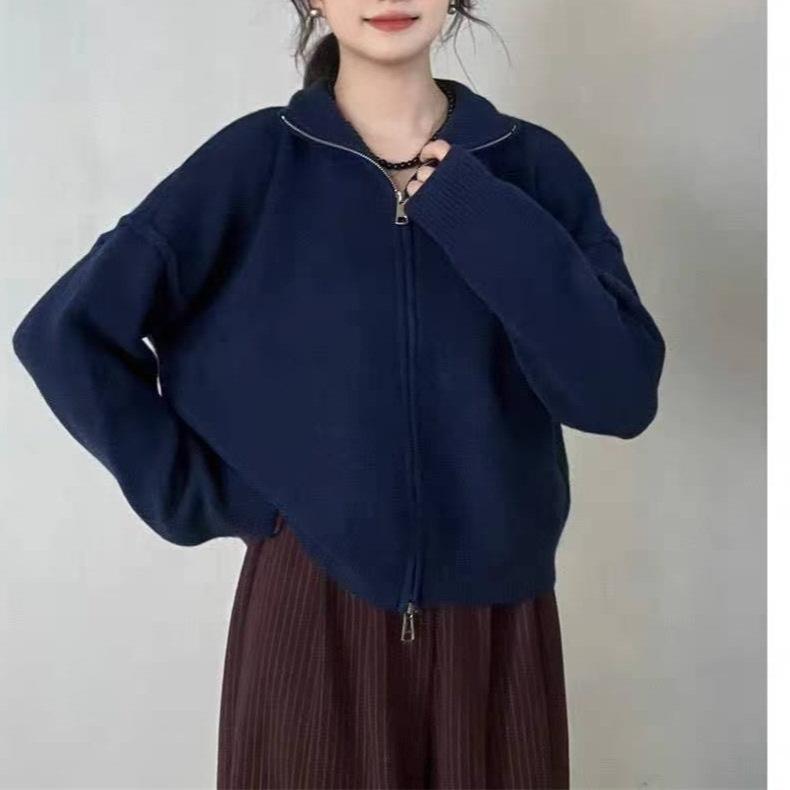 Foreign Trade New Double Zipper Reverse Set Design Sense Loose Simple Knitted Cardigan Solid Color Casual Sweater Jacket Women