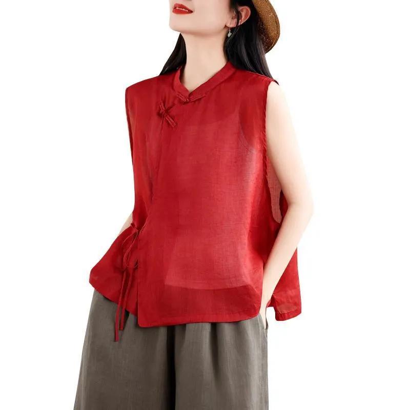 Womens Chinese Style Mandarin Collar Sleeveless Frog Button Blouse M красный