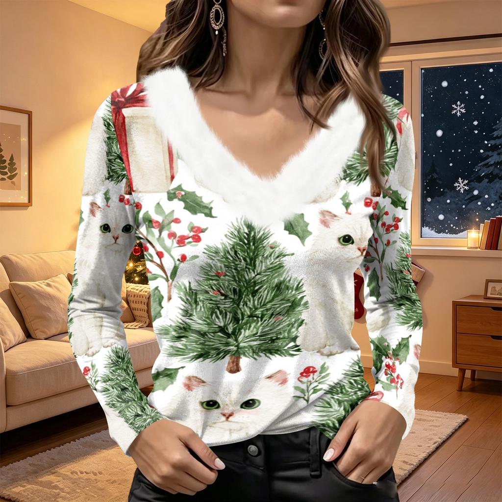 Women's Long Sleeve V-Neck Plush Collar Christmas Top with Snowflake and Tree Print