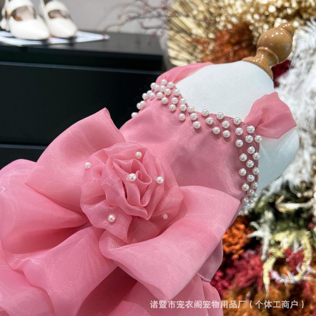 Handmade Pet Wedding Dress Floral Rose Pearl Embellished Puppy Formal Dress Teddy Bichon French Bulldog Bridal Party Dress