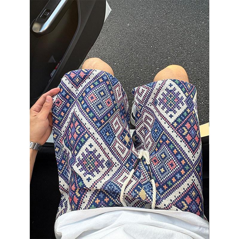 Color rhombus grid knitted jacquard shorts men's summer ethnic style American sports four-and-five pants