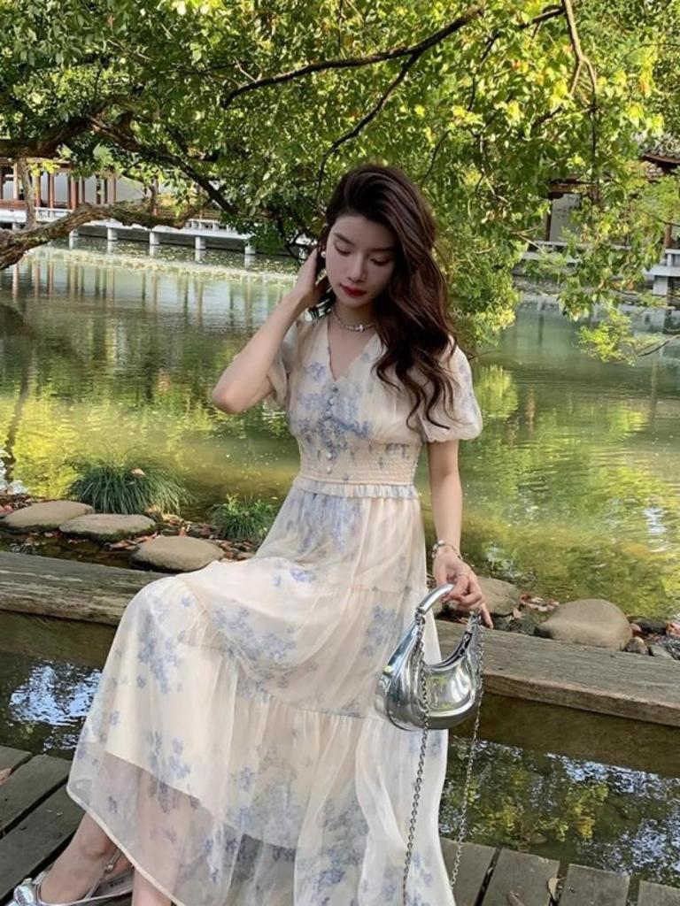 Elegant French Floral Print Summer Dress - V-neck Puff Sleeve High Waist, Sweet or Cool Style
