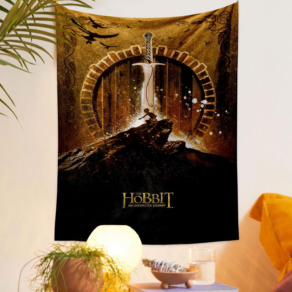 A sword piercing a glowing doorway with a figure atop a rocky hill. Patterned tapestry for bedroom and living room home decor