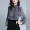 Camisa de Chifón de Gama Alta con Cuello Alto para Mujer Primavera y Otoño Nueva Moda Top de Camisa de Manga Larga Francesa con Volantes de Gama Alta