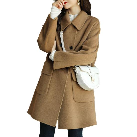 Women Jacket Turn-down Collar Long Sleeves Double-breasted Windbreaker Loose Pockets Mid Length Outdoor Travel Commuting Overcoat