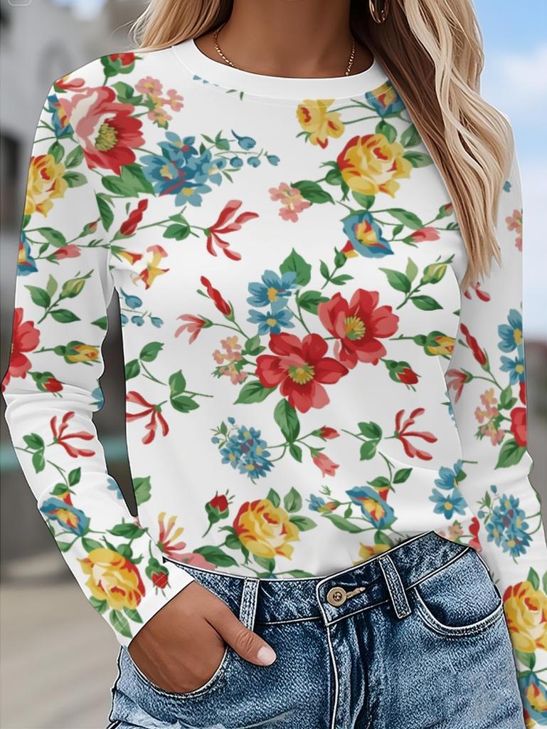 Women's T-Shirt Floral Graphic Plants Retro Long Sleeve O-Neck Pullover Regular Tops Daily 3D Print Autumn Tees Female Clothing