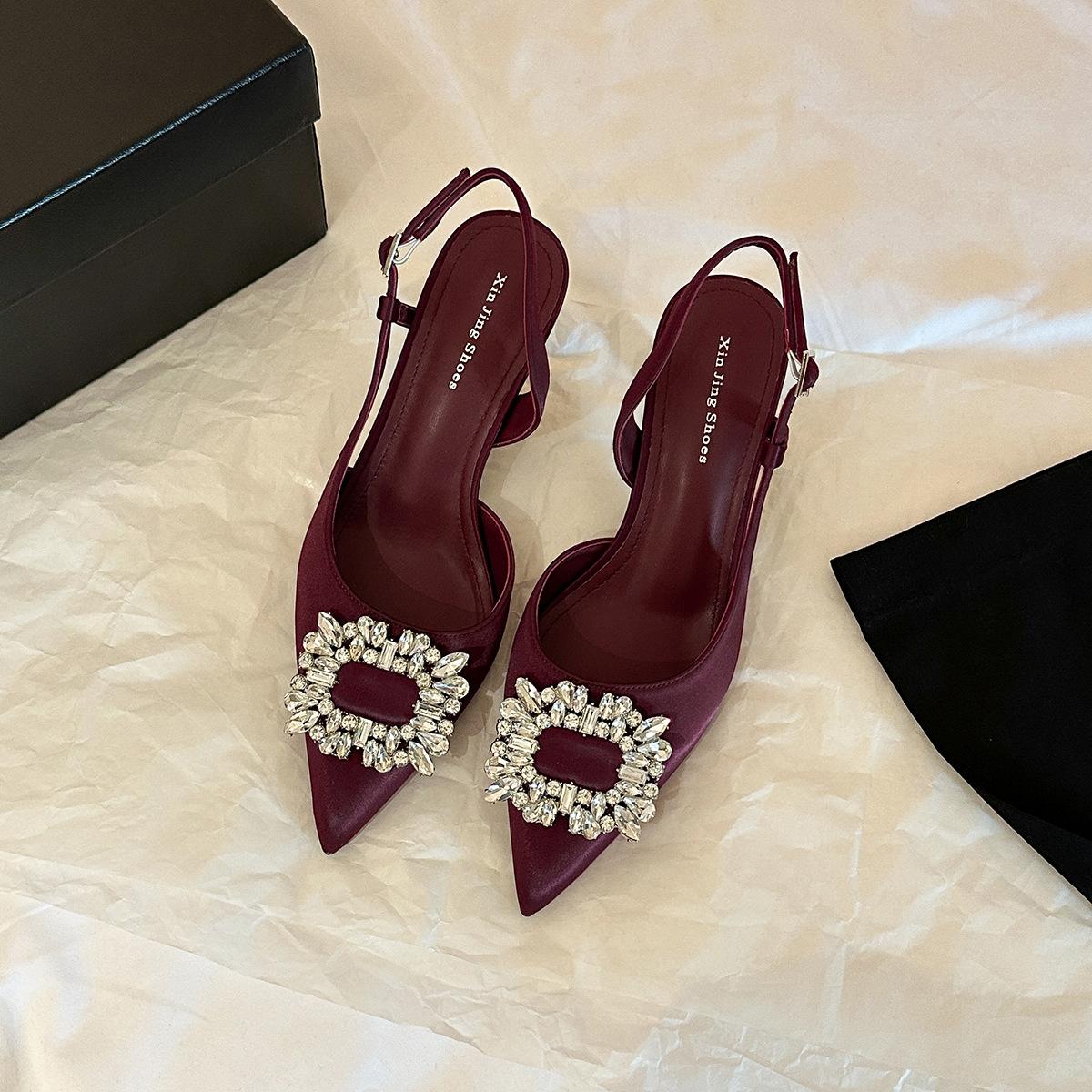 

699-208 Elegant spring new rear strap bag head thin heel single shoes temperament advanced sense rhinestone high heels 40 бордовый