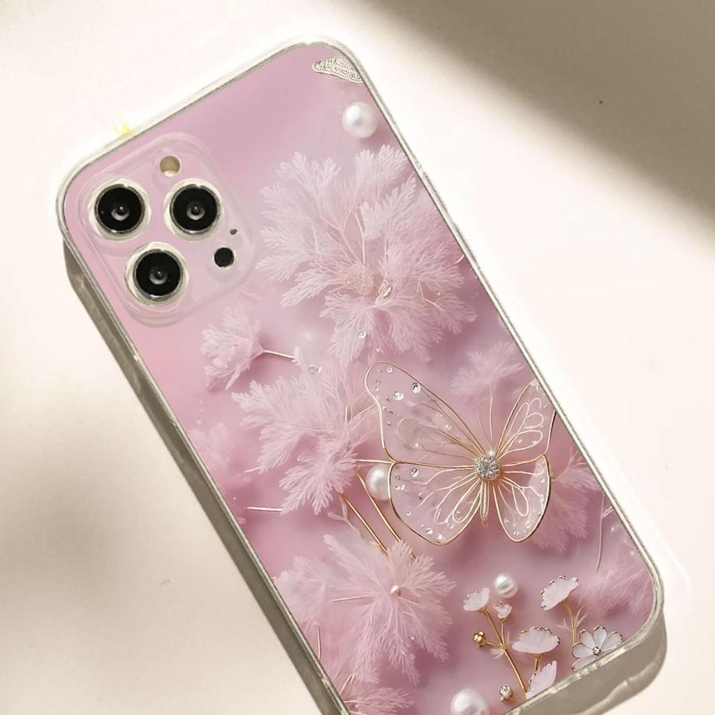 Light Pink Butterfly Drop-Proof Transparent Case for iPhone 14/15/16/17 Pro Max Series