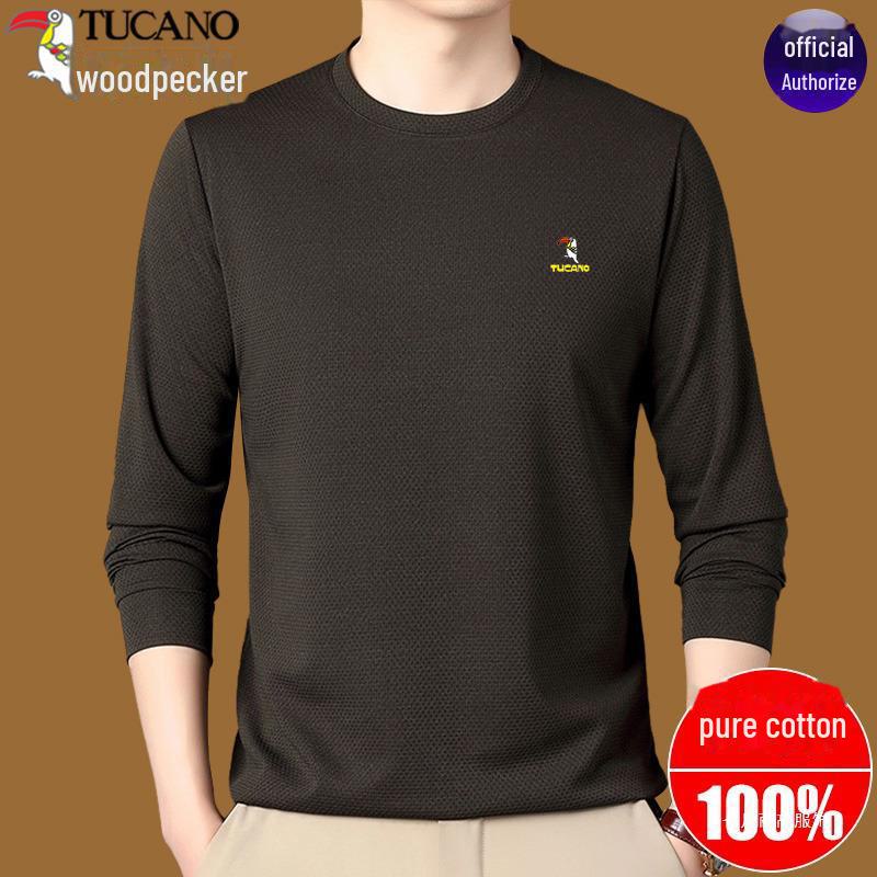 Woodpecker Men's Cotton Long-Sleeve T-Shirt for Midlife and Older - Spring/Autumn Base Layer