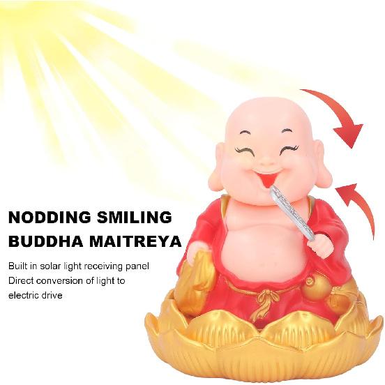 Walfront Solar Powered Figurine Nodding Smiling Buddha Maitreya Solar Buddha Statue Toy Little Monk Figurine Desktop Ornaments (Red)