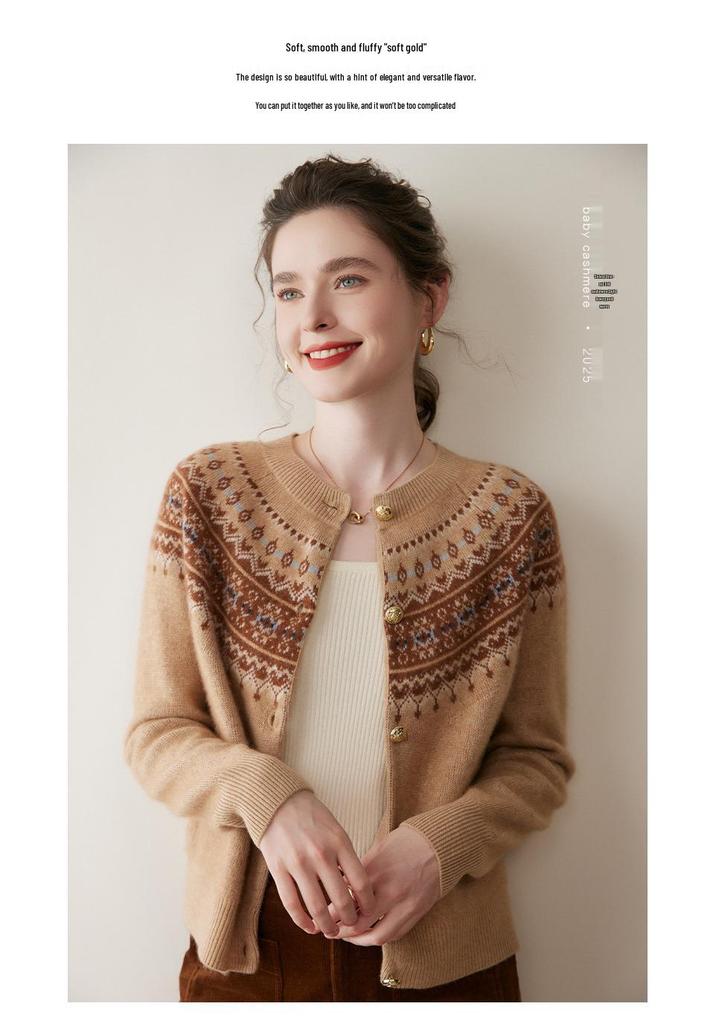 Cardigan Dama Etnic Fair Isle Floral din Cașmir - Pulover cu Tricotaj Larg și Gât Rotund